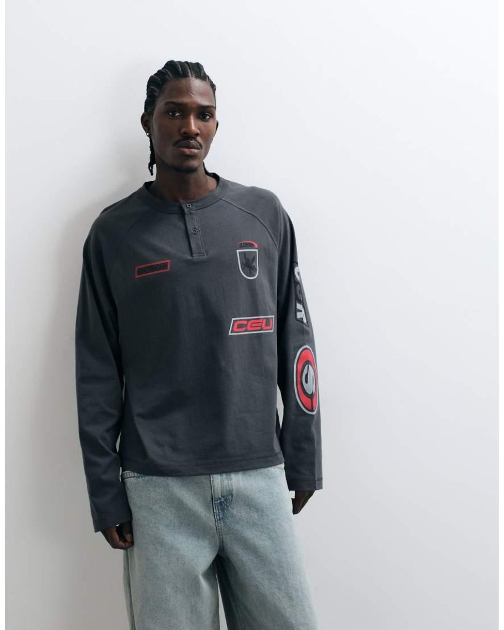ASOS Black Long Sleeve Boxy Oversized Henley T-shirt With Street Graphics for men