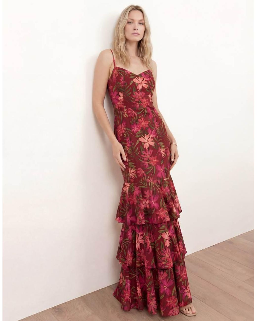 ANAYA Red Floral Cami Ruffle Maxi Dress