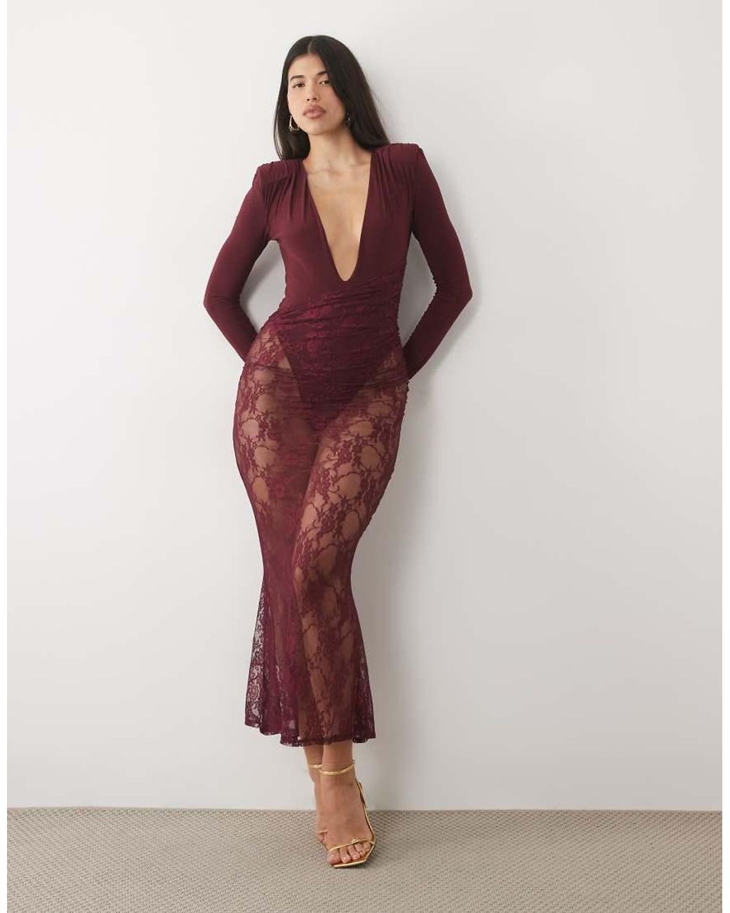 ASOS Red Long Sleeve Lace Maxi Dress With Drape Detail