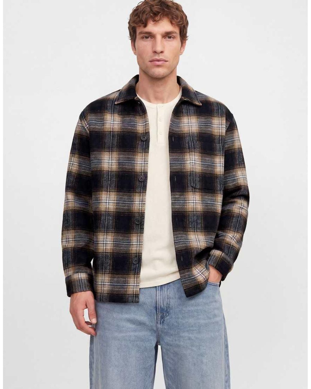 Jack & Jones Gray Soho Relaxed Fit Spread Collar Long Sleeve Shirt for men