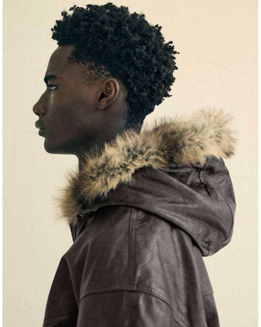 Bershka Natural Leather Effect Jacket With Faux Fur Hood for men