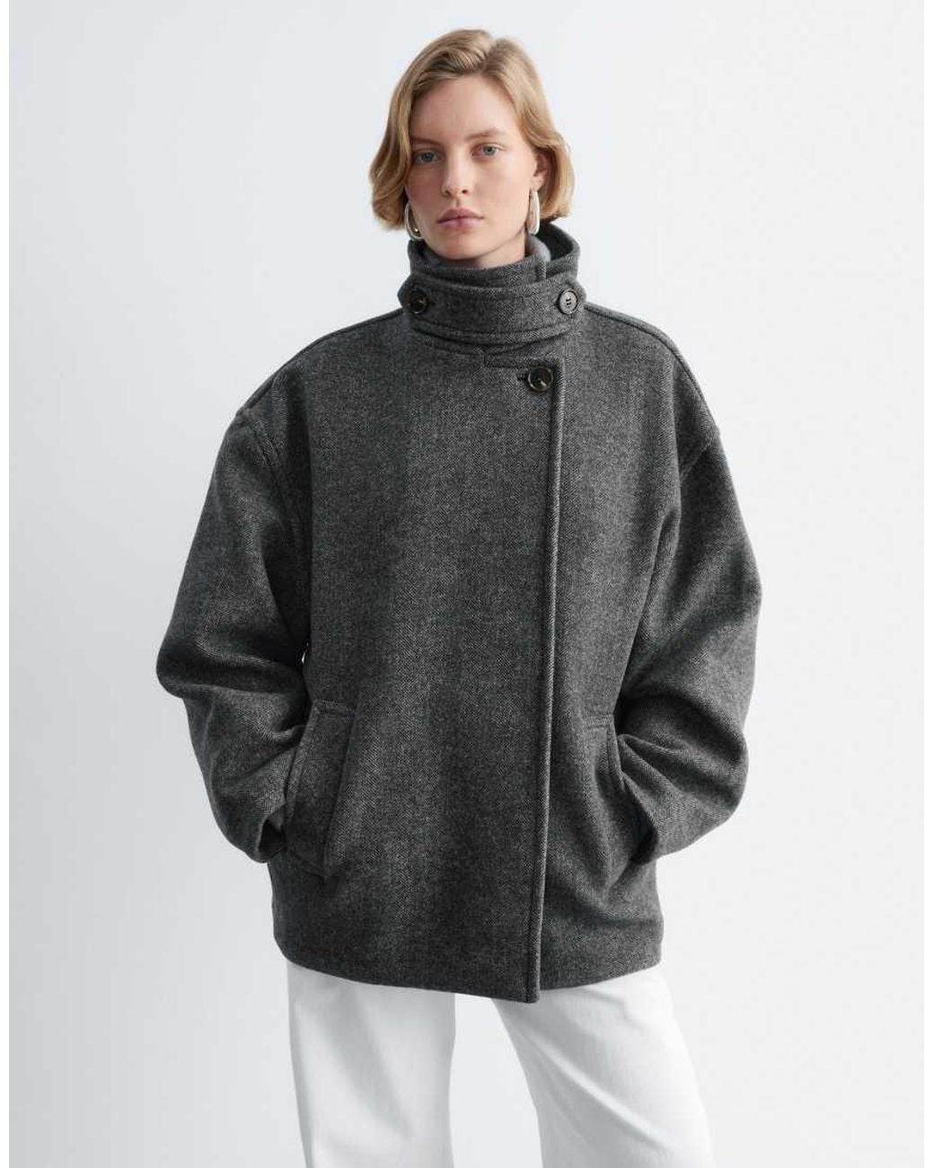 & Other Stories Gray Wool And Casshmere Blend Short Funnel Neck Jacket
