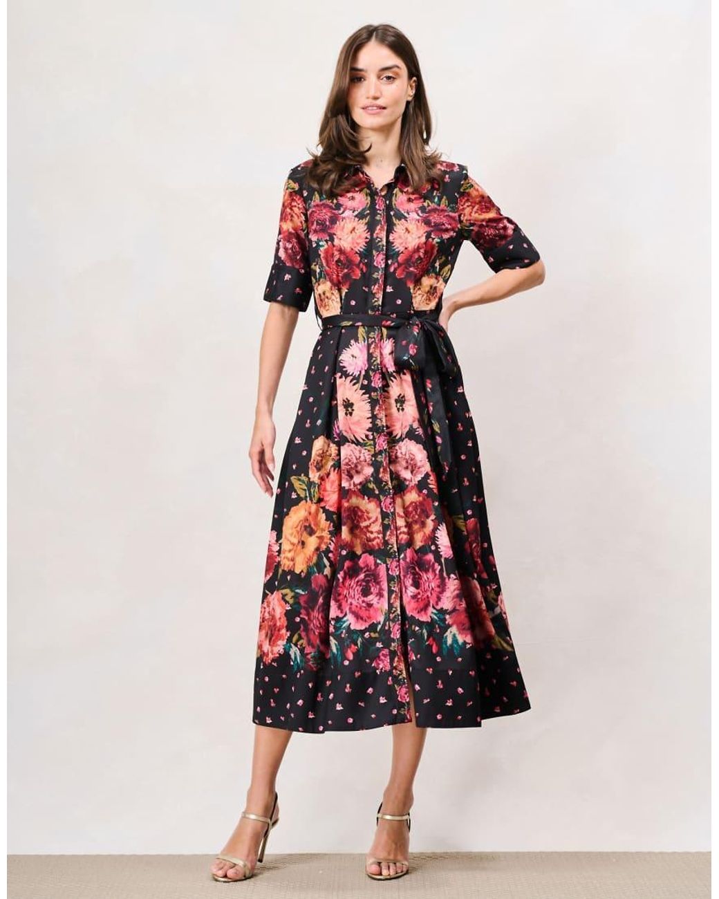 Hope & Ivy Red The Merrielle Button Front Shirt Midi Dress With Tie Waist