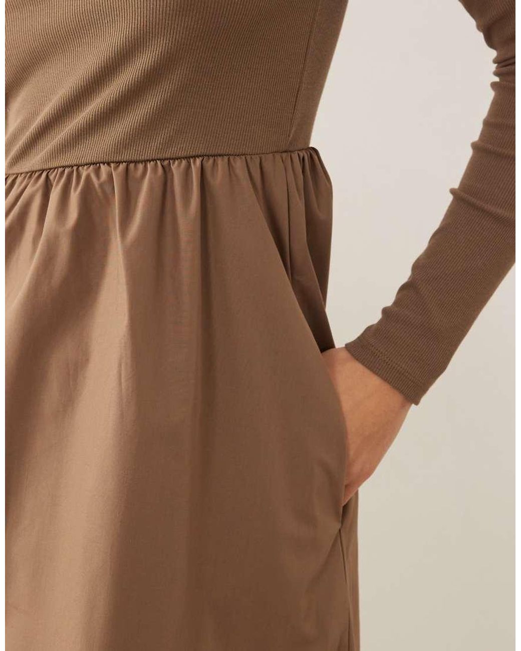 Threadbare Natural High Neck Jersey Poplin Mix Midi Dress