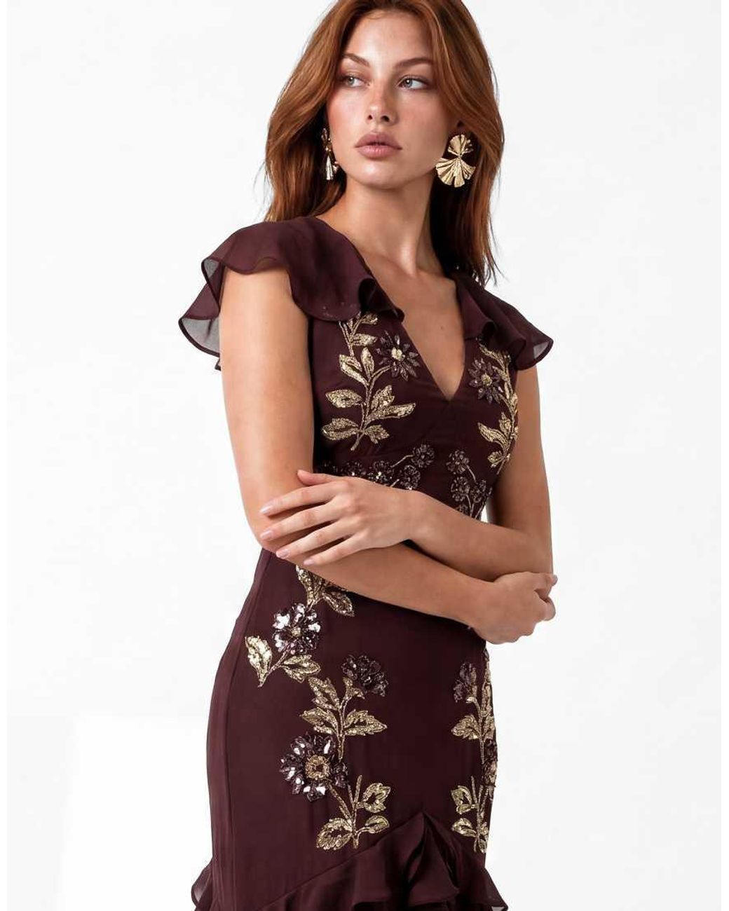Maya Red Cape Sleeve Embellished Maxi Dress