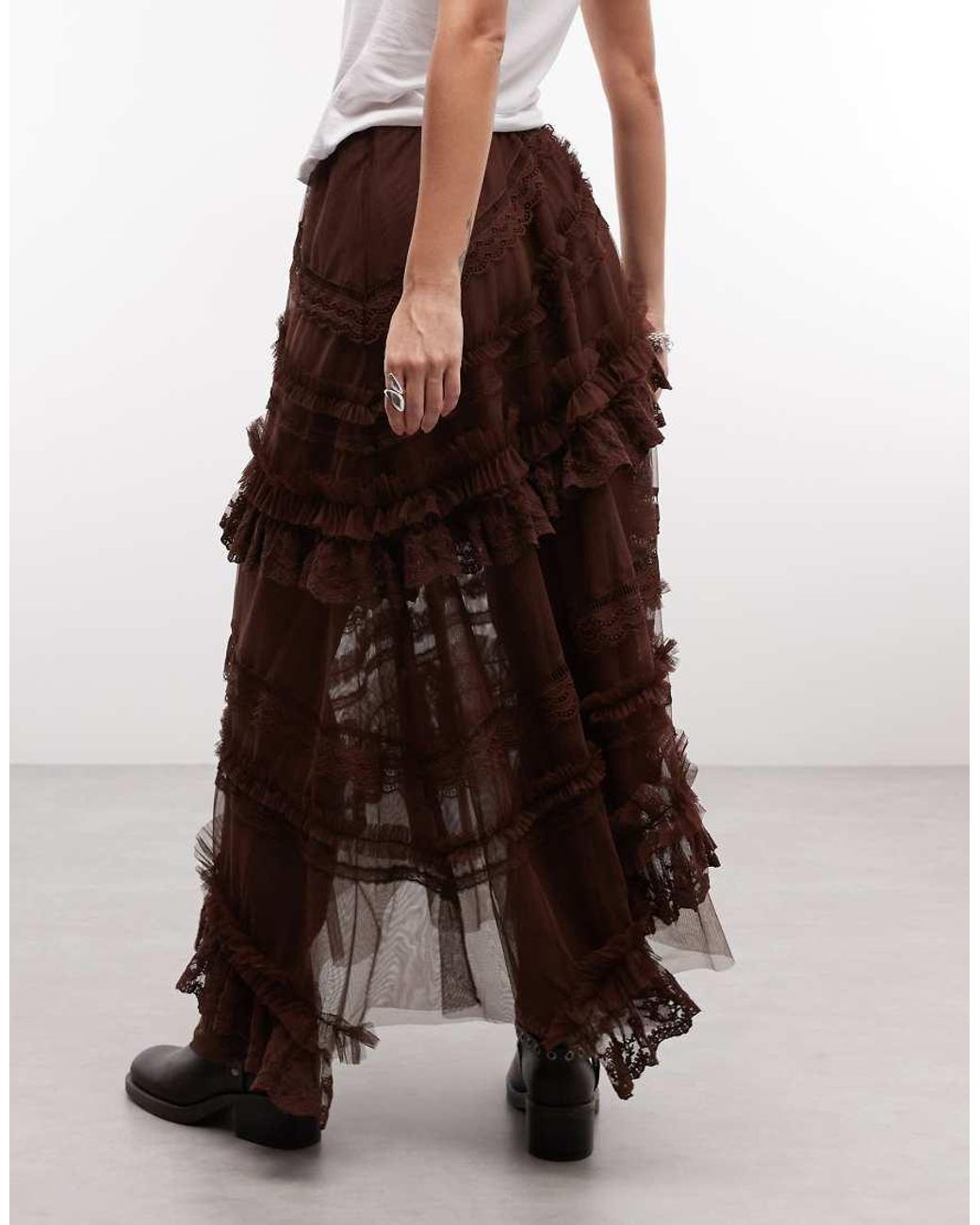 AllSaints Brown Jen Tulle Ruffle Midi Skirt