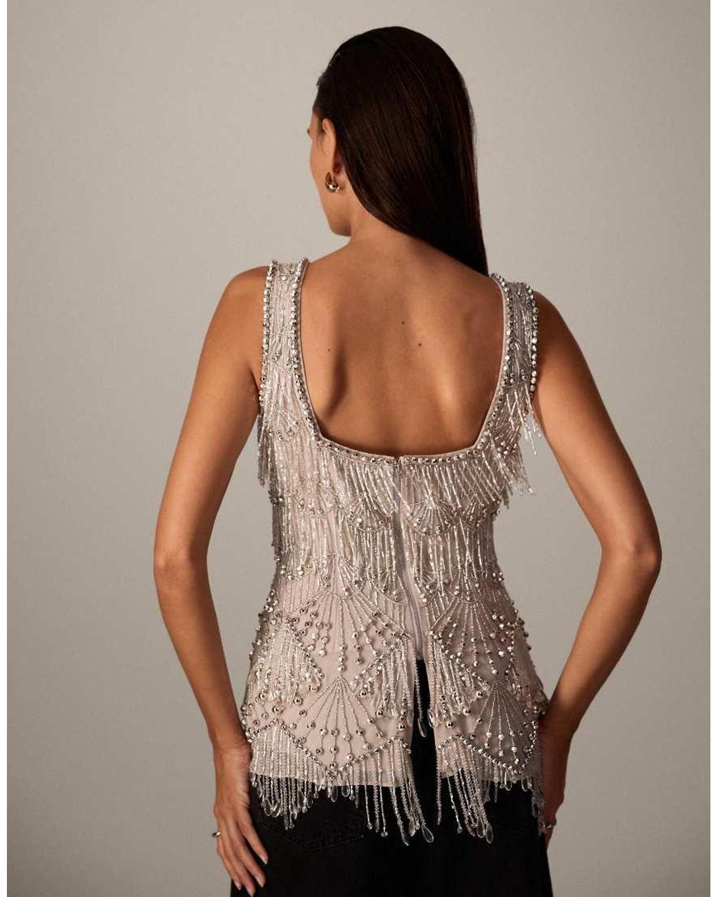 ARRANGE Brown Scallop Beaded Fringe Square Neck Top