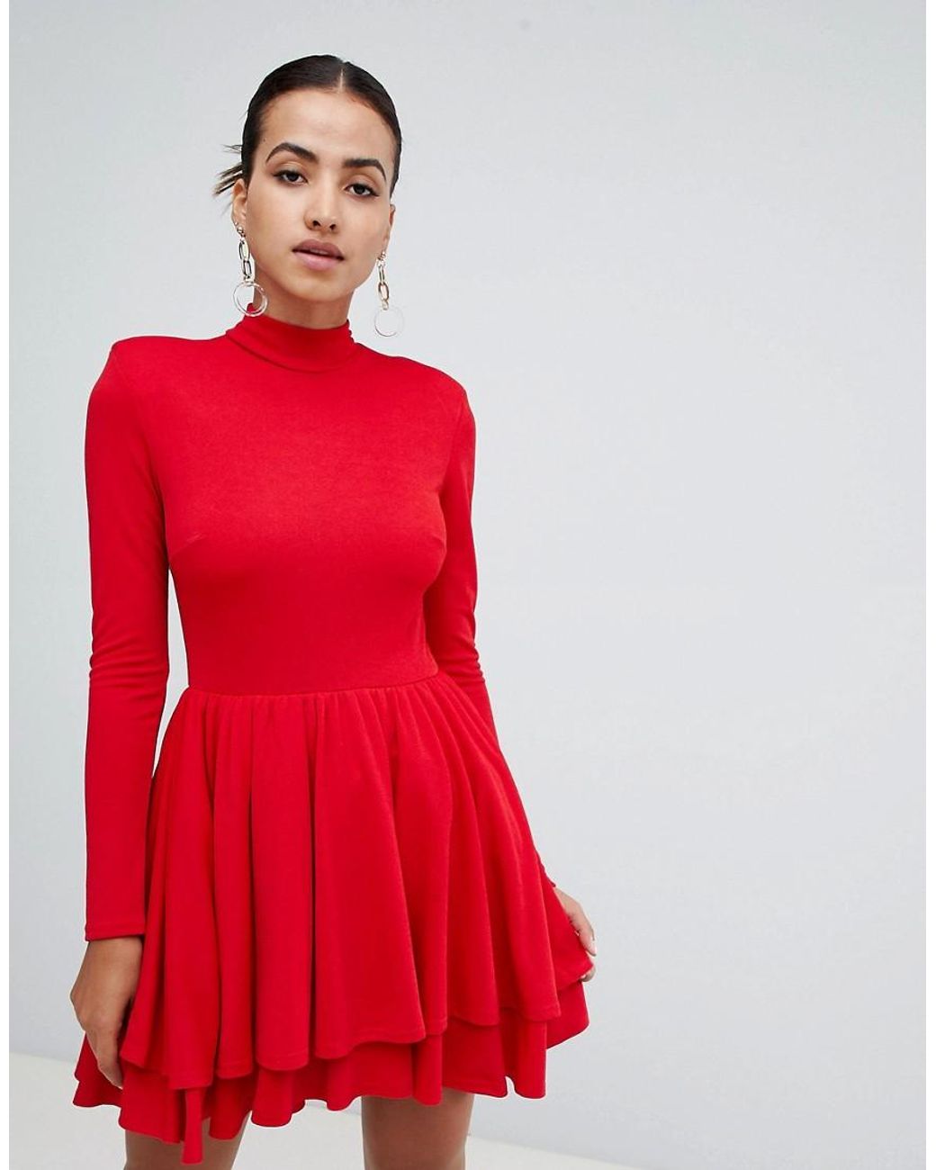 Club L London Club L High Neck Long Sleeve Skater Dress in Red | Lyst