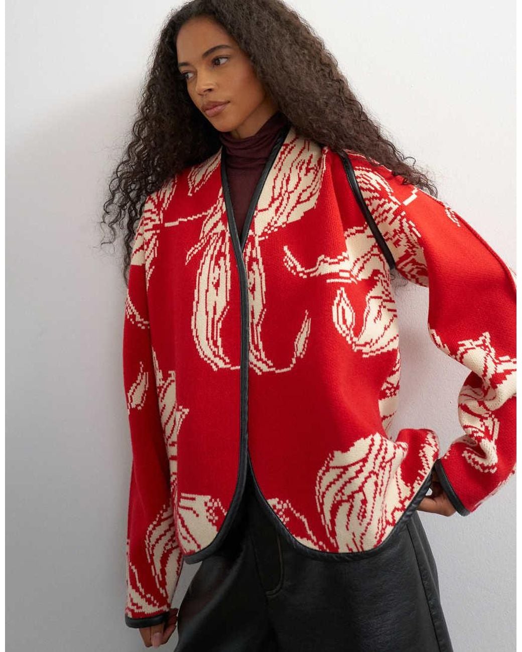 TOPSHOP Red Knitted Kimono Pu Trim Jacket