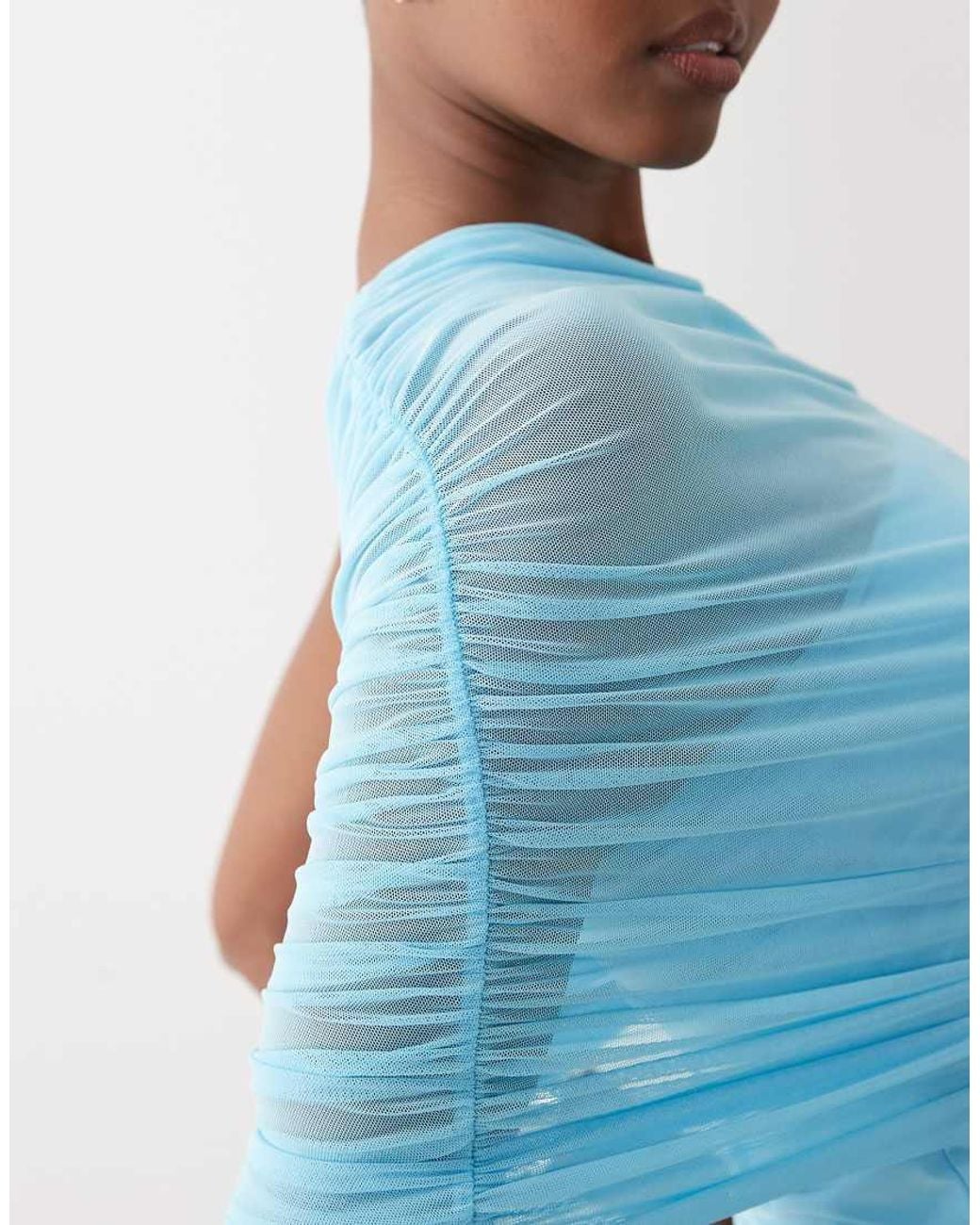 ASOS Blue Mesh One Shoulder Top With Ruching