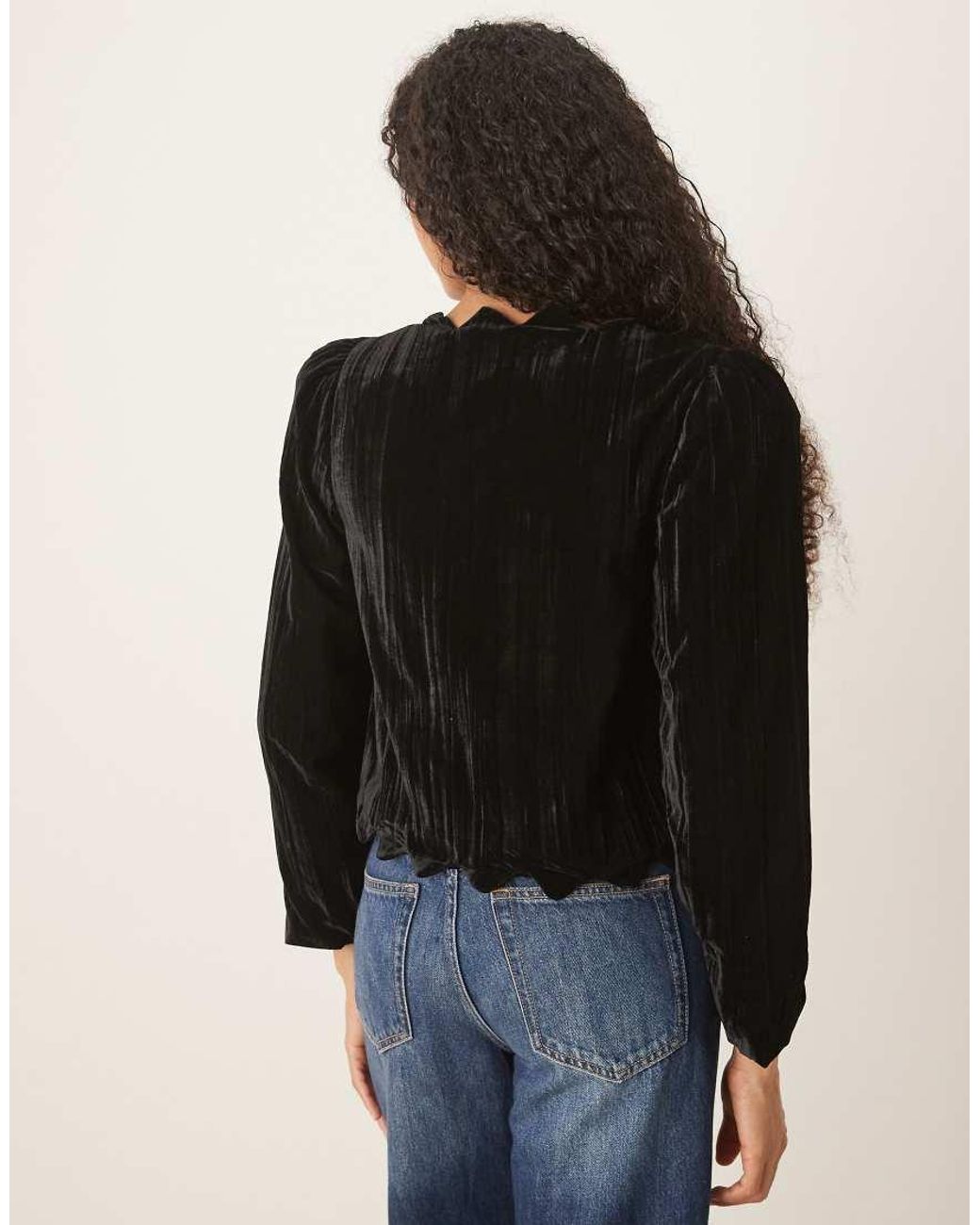 ASOS Black Scallop Detail Puff Sleeve Velvet Top