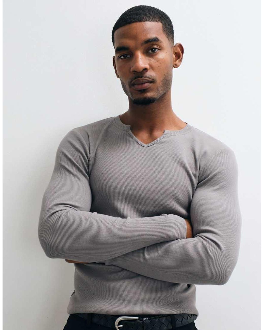 ASOS Gray Muscle Fit Long Sleeve T-shirt With Notch Neck for men