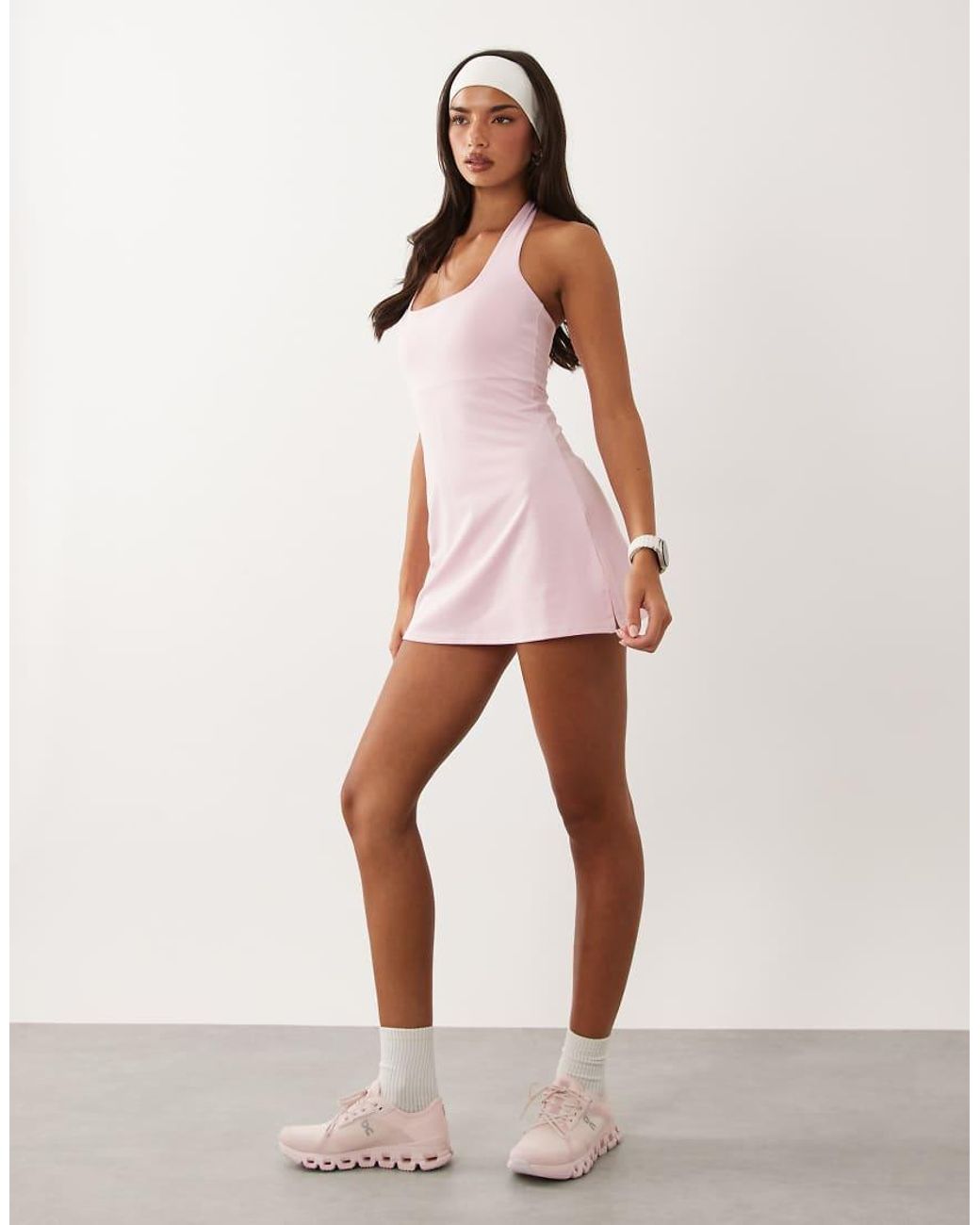 4505 Pink Active Halter Neck Tennis Dress With Under Shorts