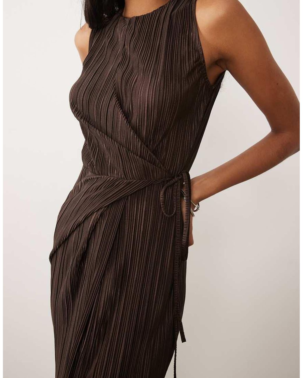 ASOS Natural Plisse Sleeveless Wrap Tie Front Maxi Dress