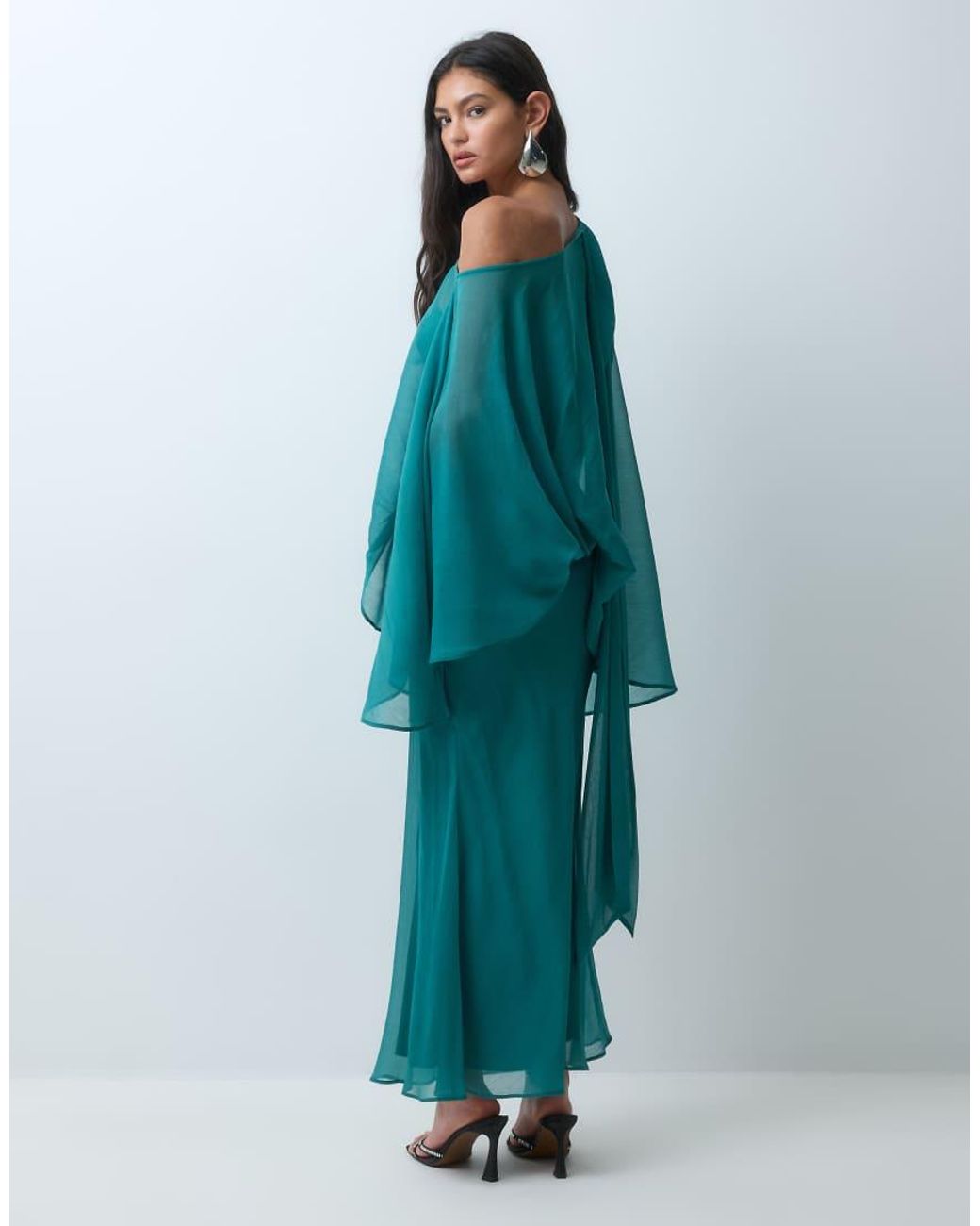 ASOS Blue Off Shoulder Chiffon Cape Maxi Dress With Scarf