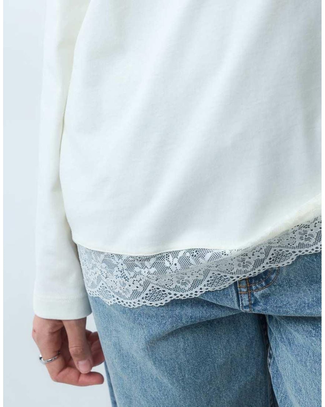 Miss Selfridge White Oversized Ls Tshirt With Lace Hem