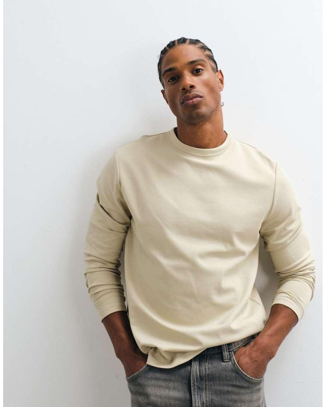 ASOS Natural Breathemax Heavyweight Regular Fit Long Sleeve T-Shirt for men