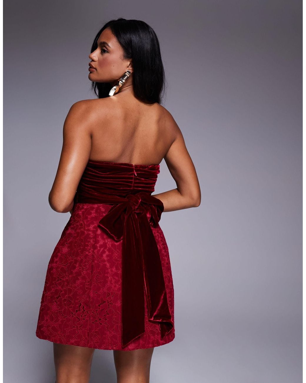 ASOS Lace Bandeau Mini Dress With Velvet Bow Detail in Red | Lyst