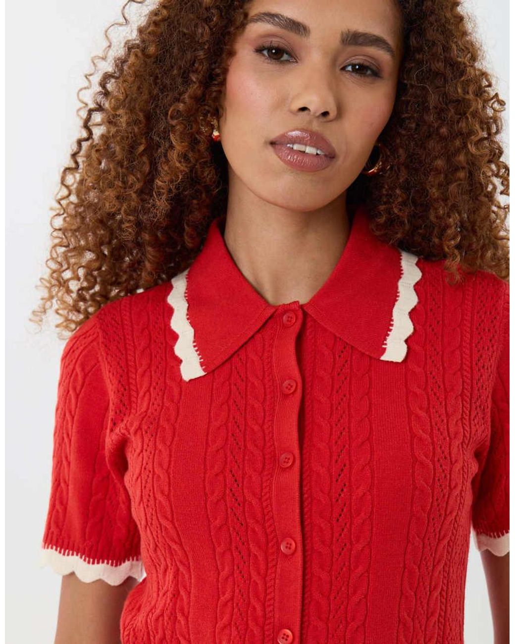Threadbare Red Cable Knit Scallop Trim Polo
