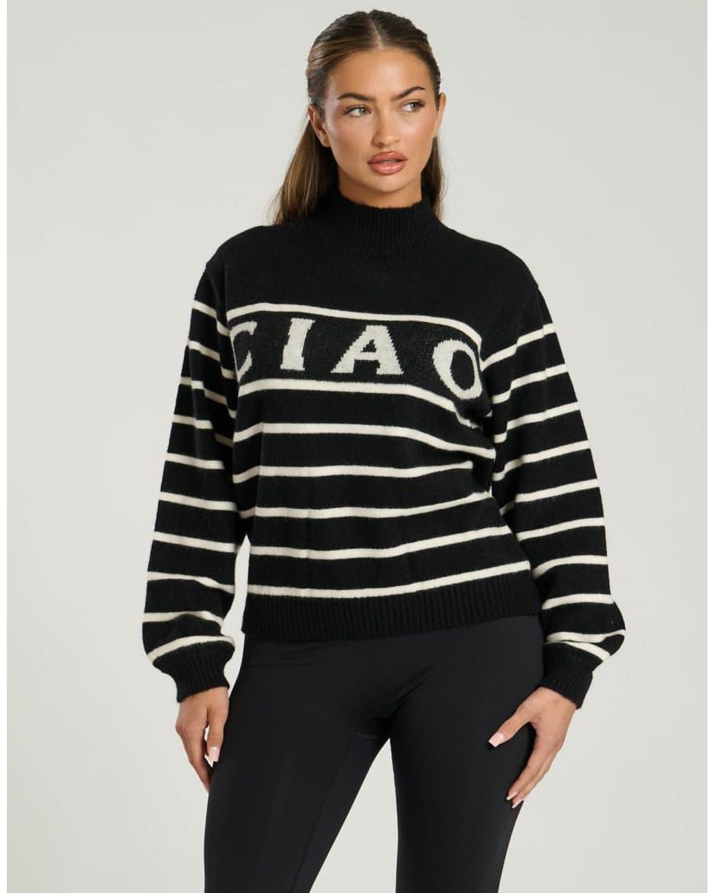 South Beach Black Funnel Neck Slogan Striped Knit Jumper