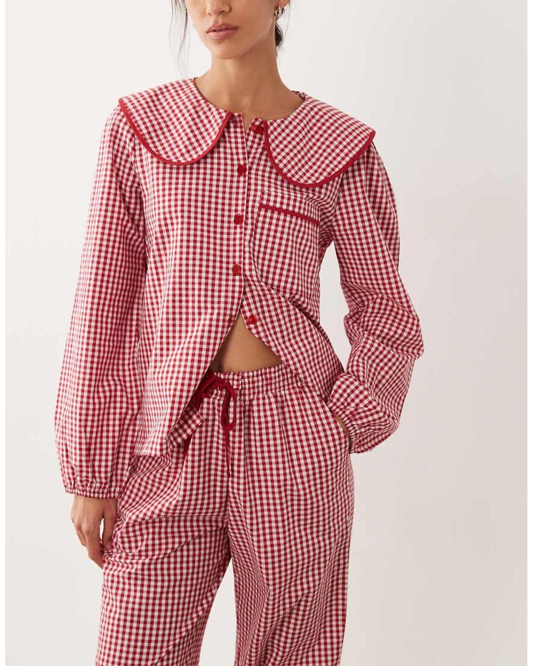Threadbare Pink Poplin Check Button Down Pyjama Set With Frill Detail