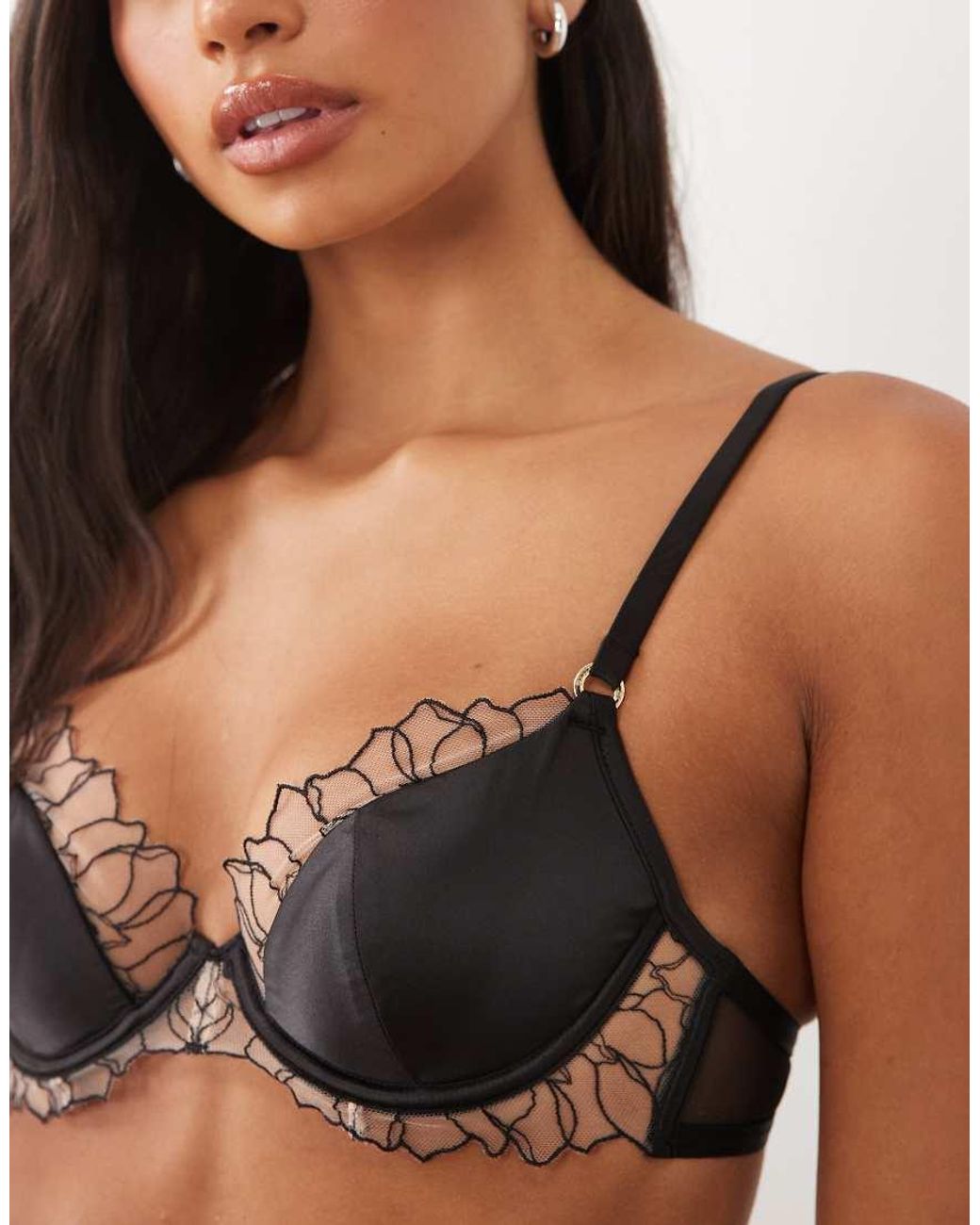 Bluebella Brown Fern Satin Moulded Plunge Bra With Mesh Trim