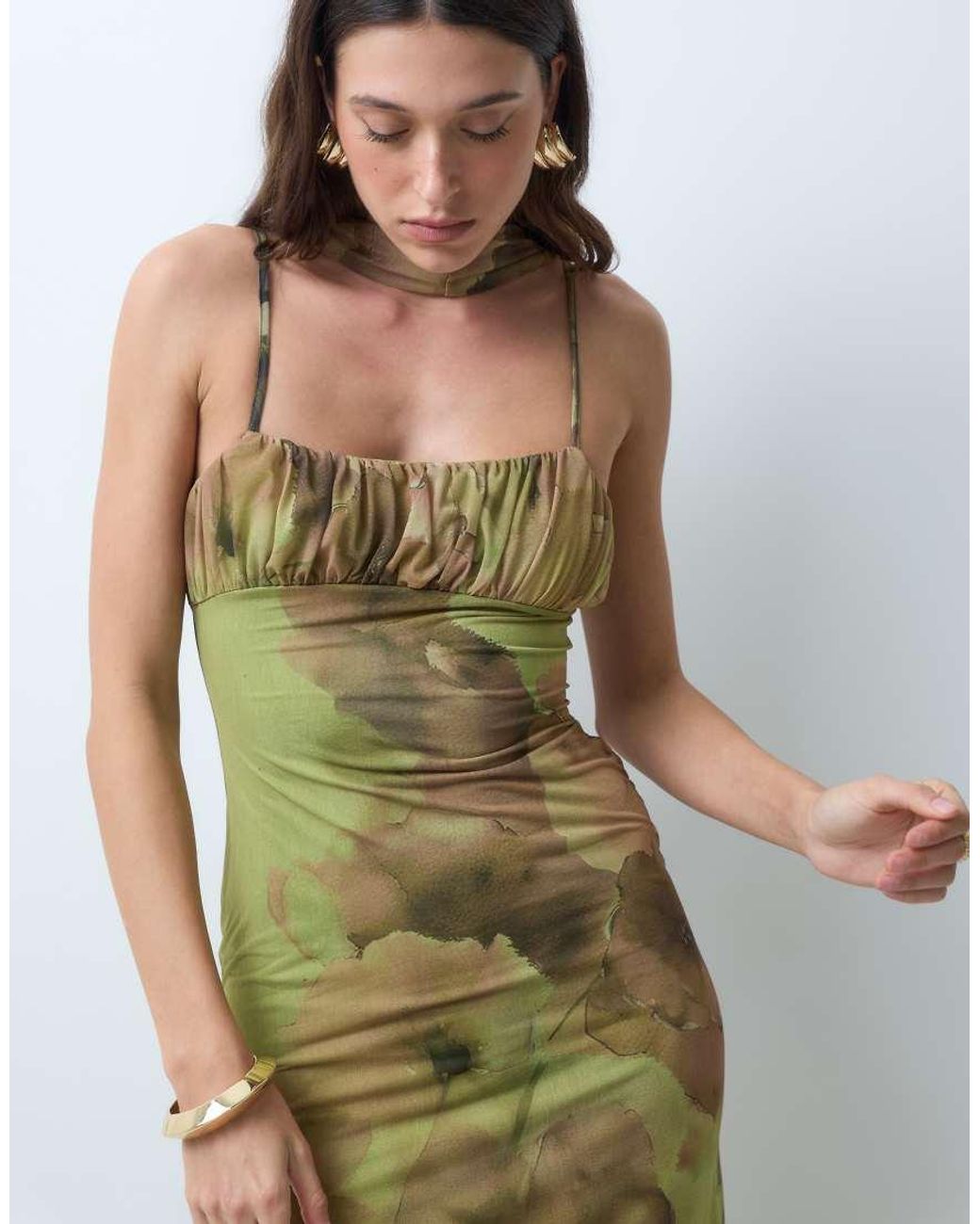 ASOS Green Ruched Bust Floral Printed Strappy Maxi Dress With Scarf Detail