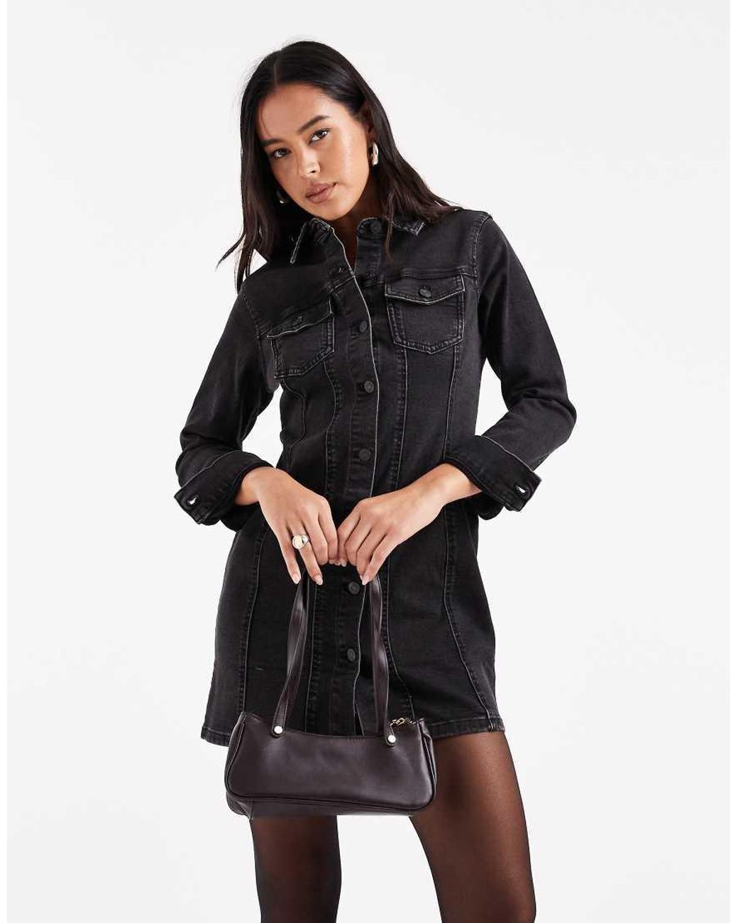 ASOS Black Denim Long Sleeve Fitted Shirt Dress
