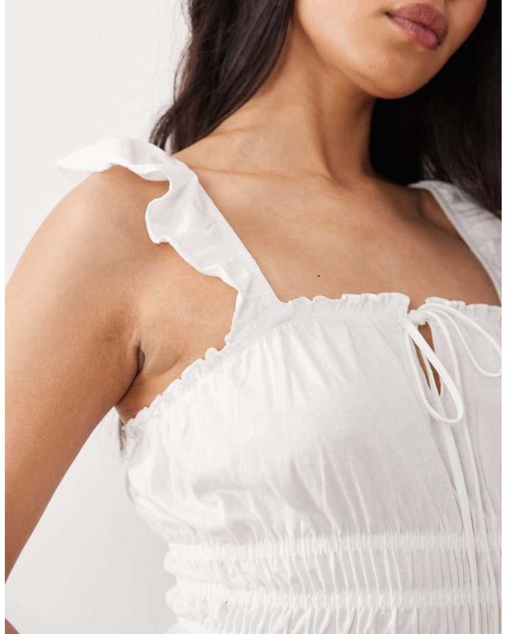 Miss Selfridge White Shirred Top With Ruffle Sleeve