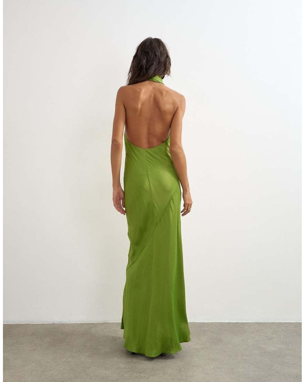 TOPSHOP Green Satin Asymmetric Halter Neck Maxi Dress With Fringed Scarf