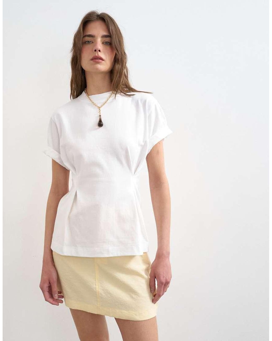 TOPSHOP White Roll Sleeve Cinch Tee