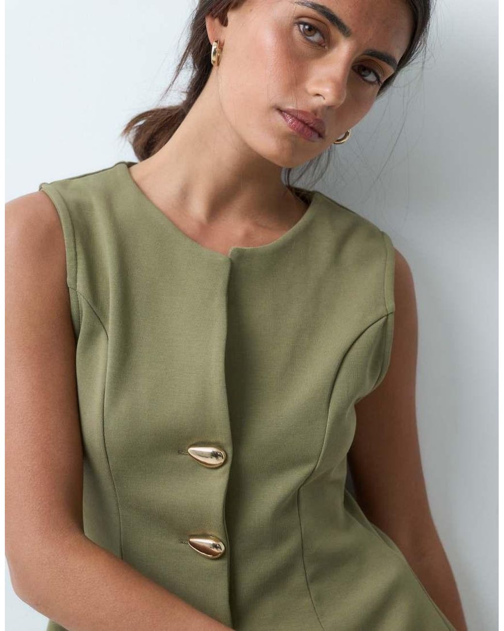 ASOS Green Interlock Sleeveless Peplum Top With Gold Abstract Button Detail