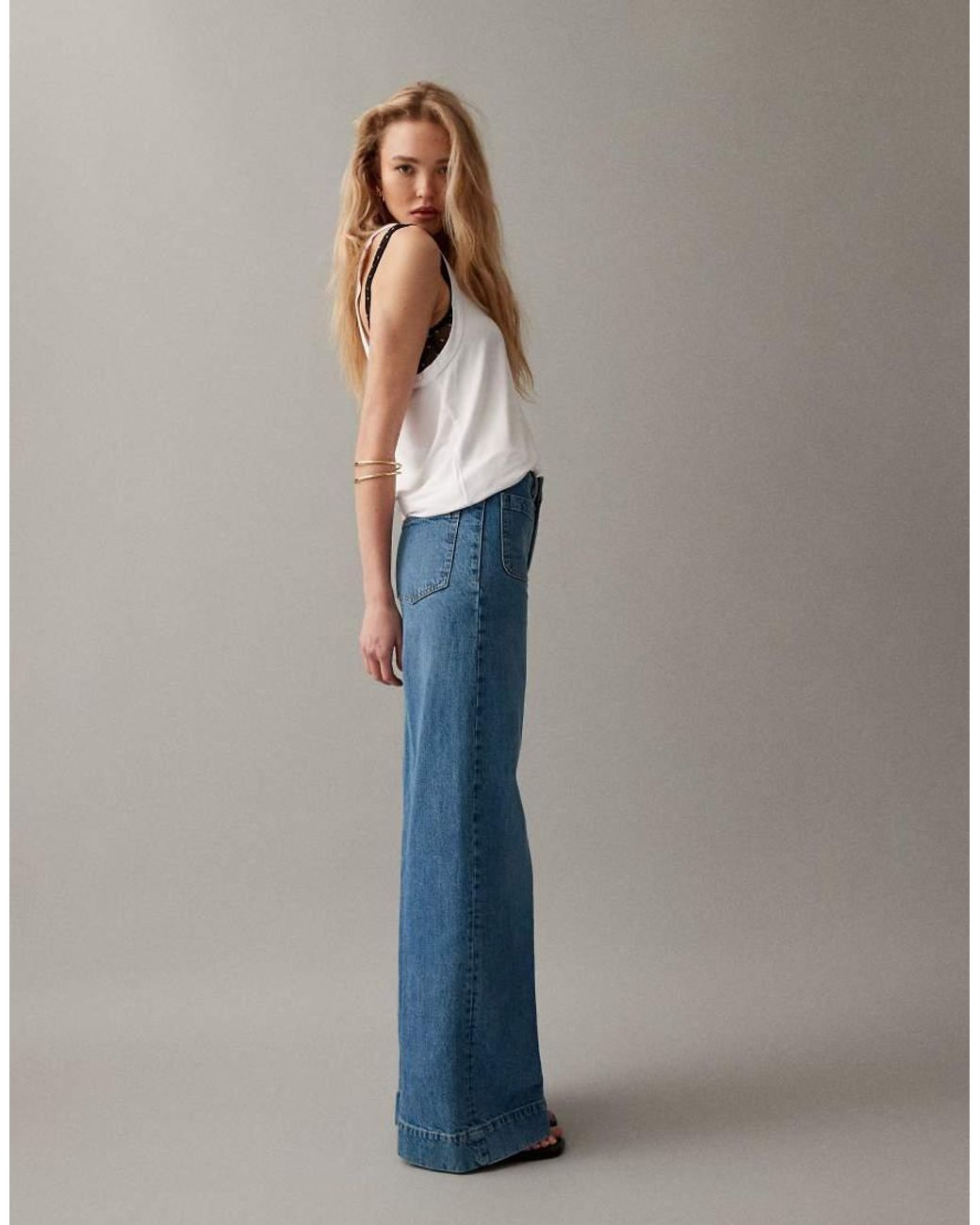 ASOS Blue High Waist Wide Leg Jeans With Front Pockets
