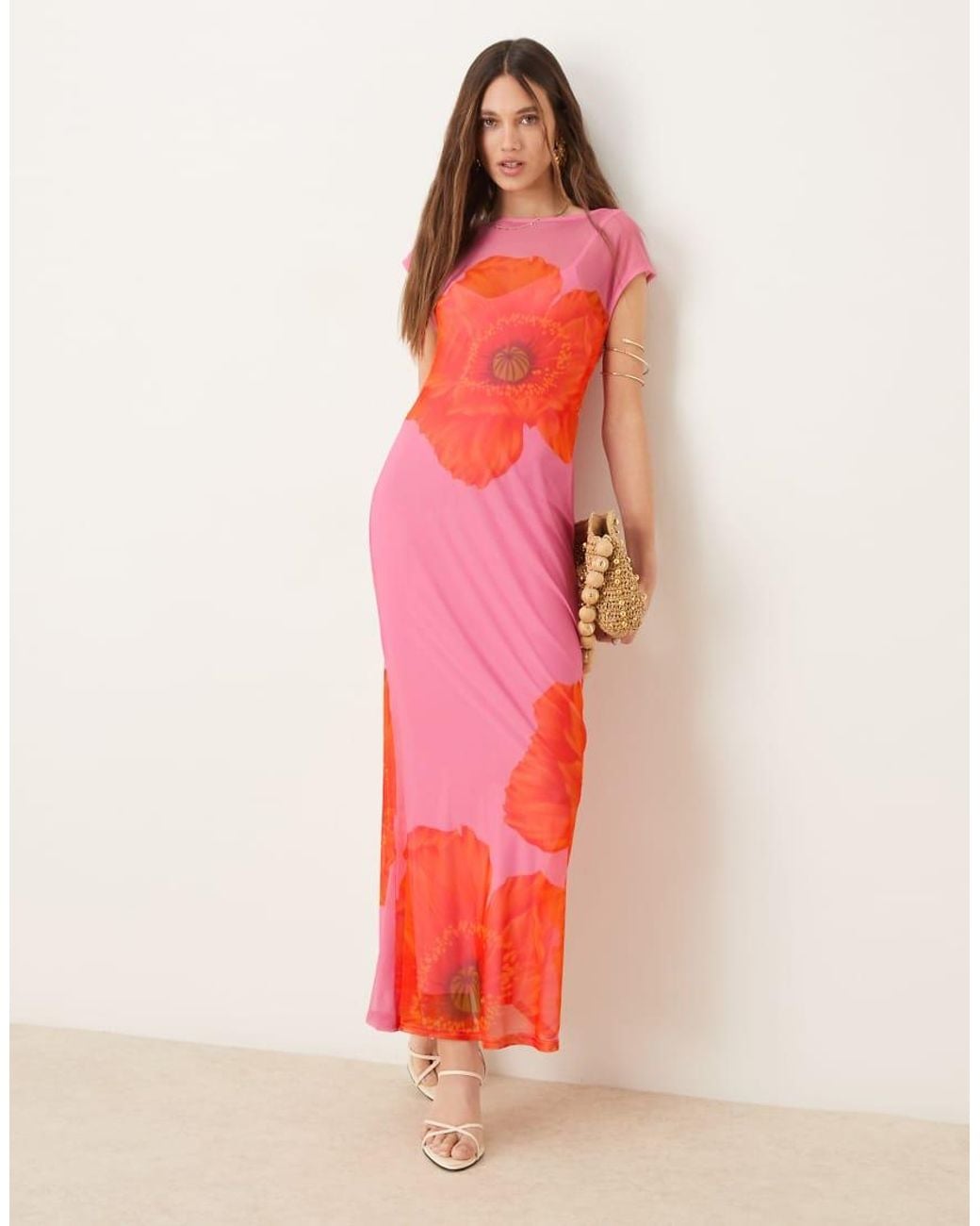 pink poppy sleeveless mesh dress Never Fully Dressed Sleeveless Poppy Print Mesh Maxi Dress in Pink