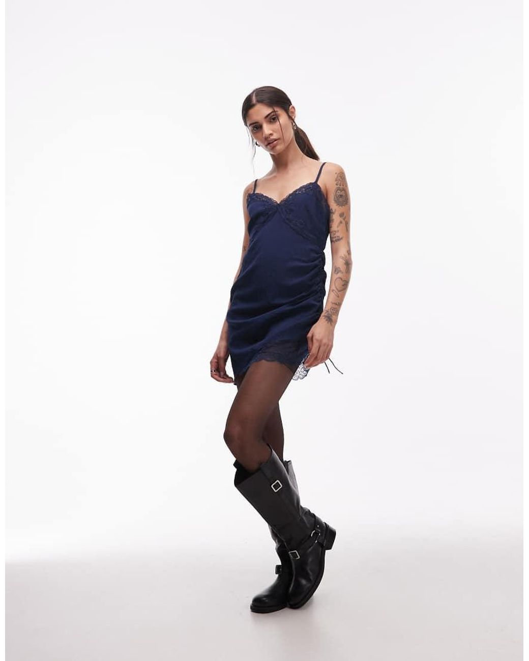 ASOS Blue Cami Lace Trim Satin Slip Mini Dress