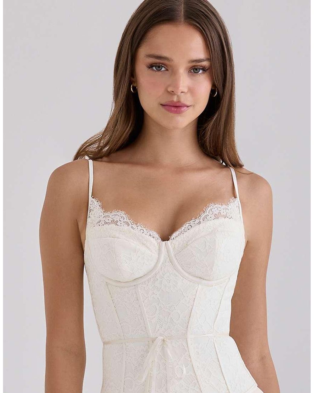 House Of Cb White Audrina Ivory Lace Corset Top With Ribbon Waist Tie