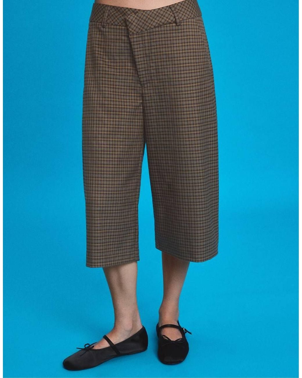 Stradivarius Blue Check Crossover Waist Smart Bermuda Shorts