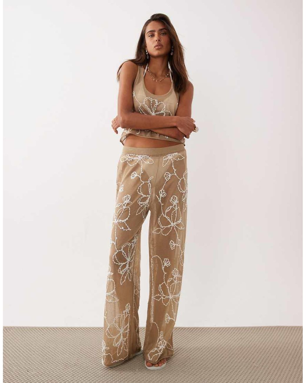 Miss Selfridge Natural Beach Premium Sheer Knit Embroidered Wide Leg Pants