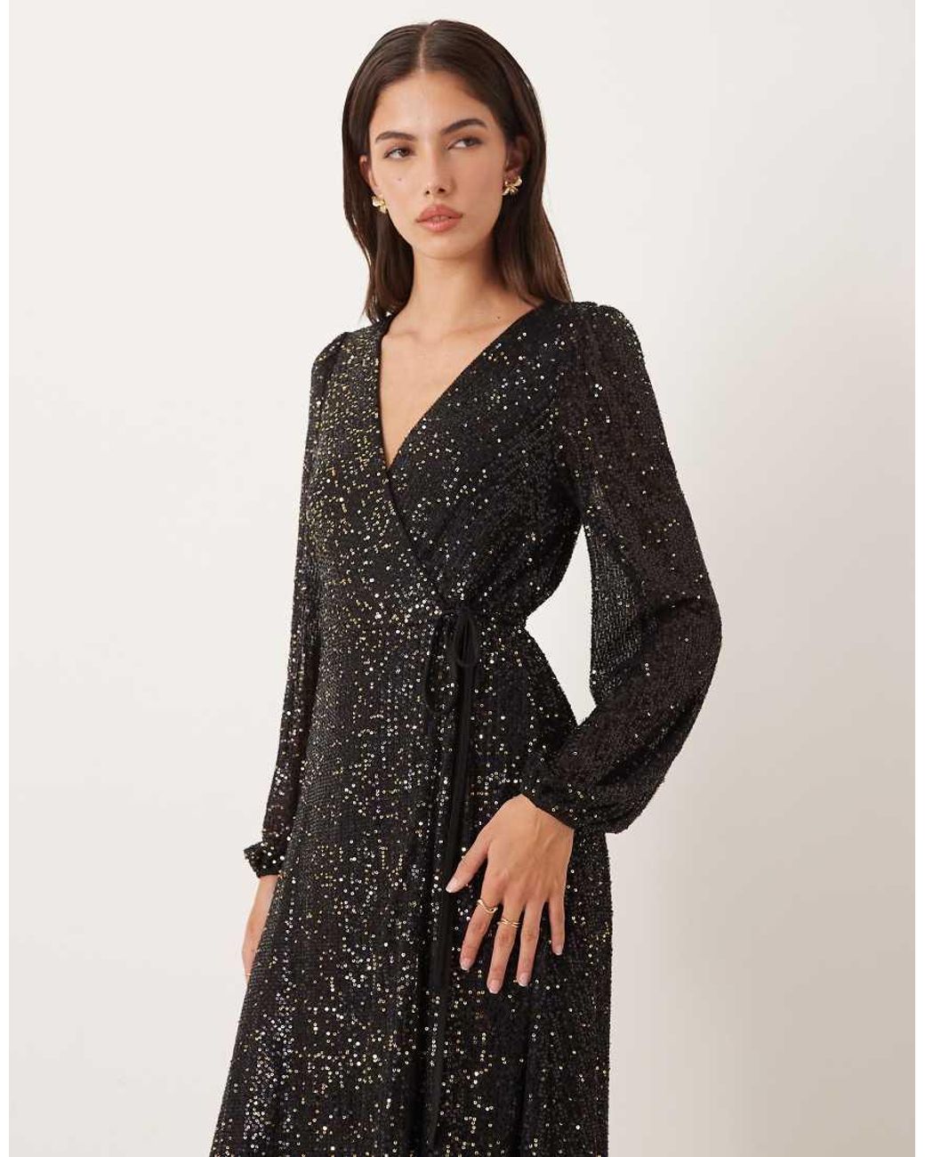 Lovedrobe Natural Sequin Faux Wrap Long Sleeve Midi Dress