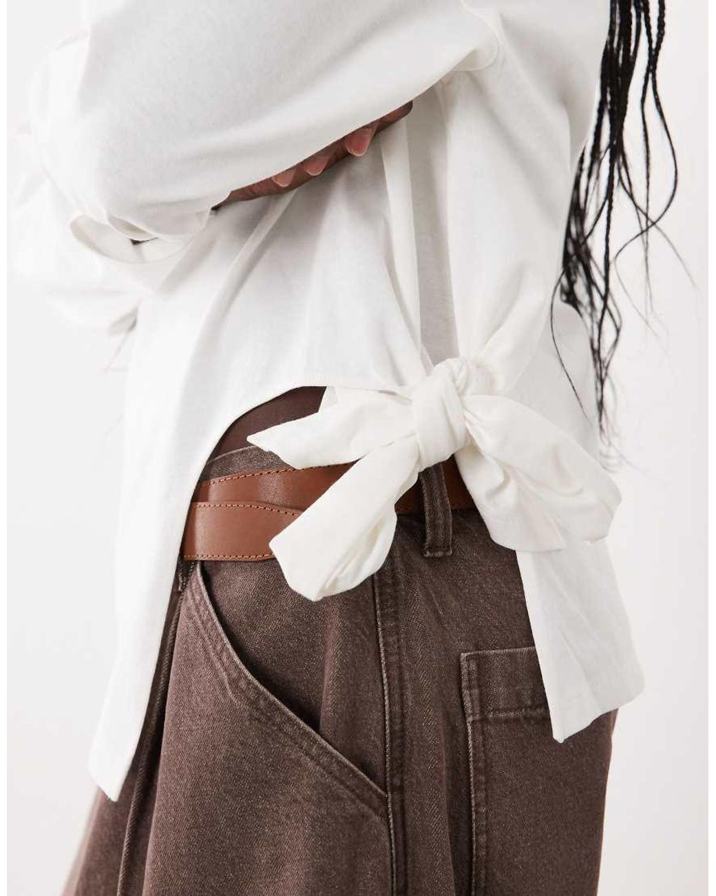 ASOS White Knotted Hem Detail Crew Neck Long Sleeve Top