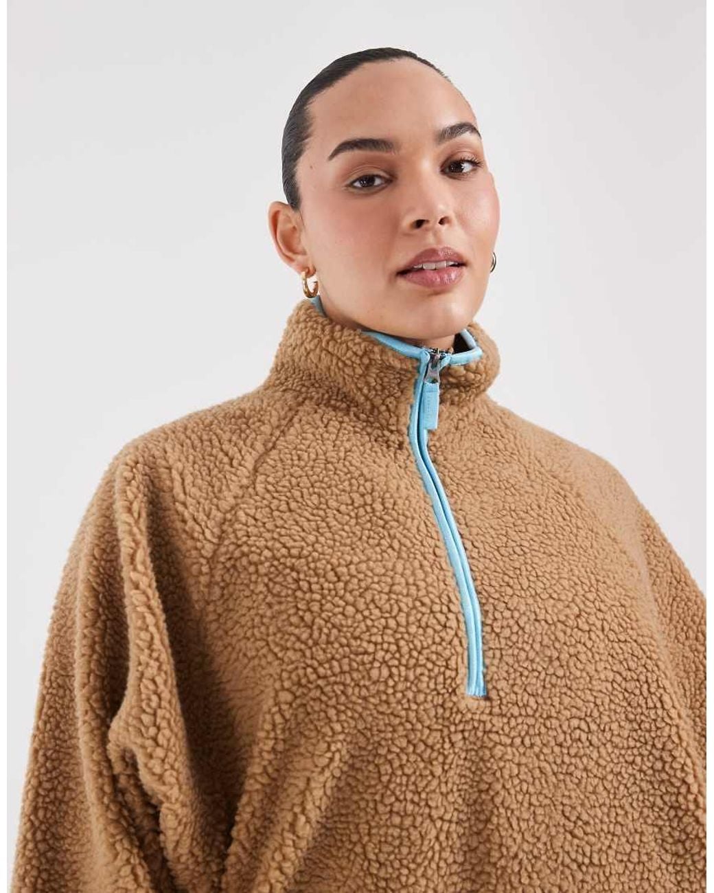 ASOS Brown Asos Design Curve Borg Half Zip With Contrast Binding
