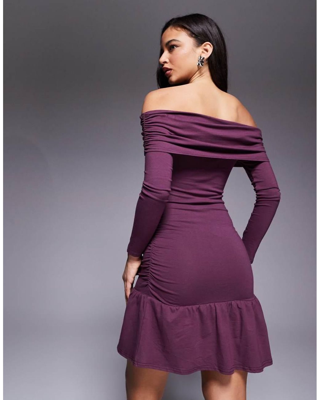 Fashionkilla Exclusive Cotton Rich Bardot Ruched Drop Waist Ruffle Hem Mini  Dress in Purple | Lyst UK