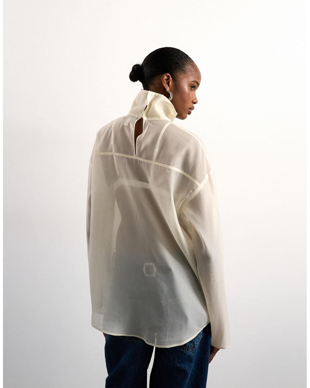 TOPSHOP Natural Funnel Neck Long Sleeve Organza Top