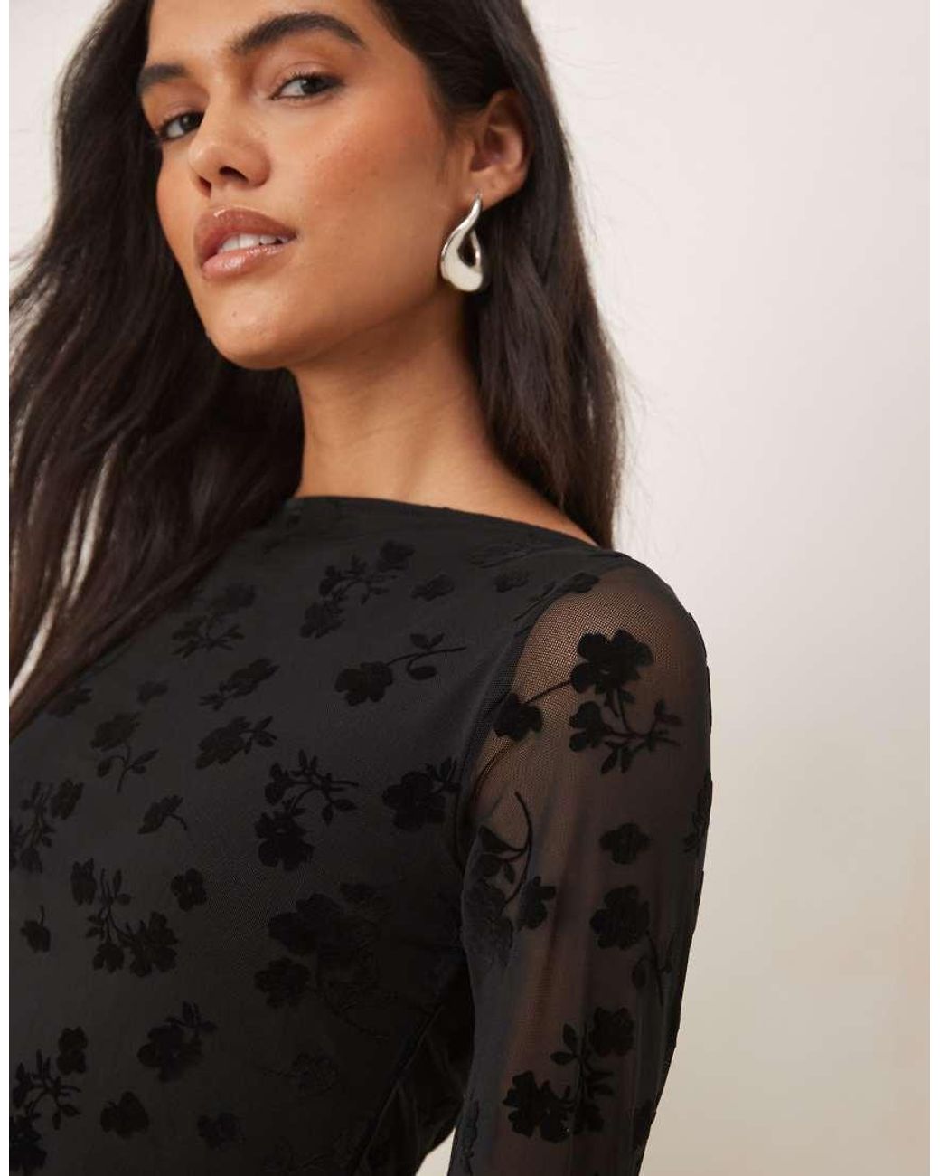ASOS Black Flocked Floral Mini Dress With Flute Sleeve