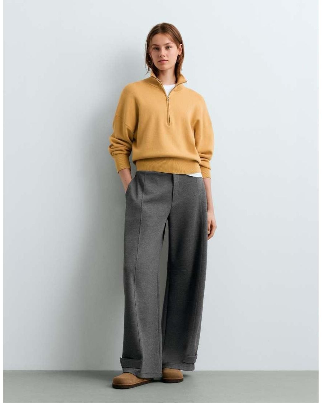 Oysho Gray Cotton-Blend Half-Zip Knit Jumper