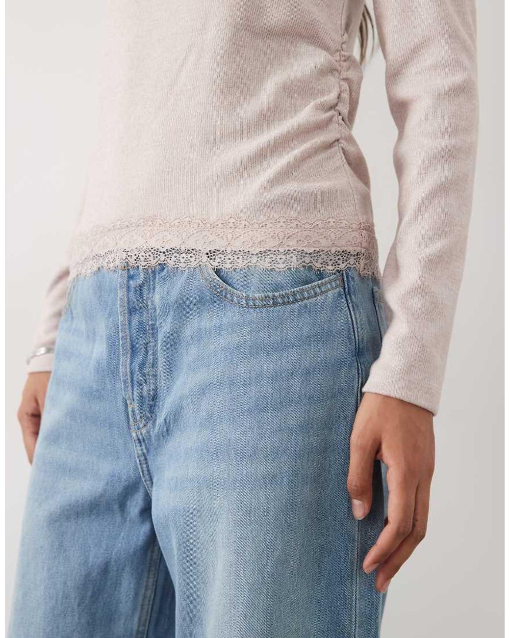 New Look Blue Bardot Lace Hem Ruched Jumper
