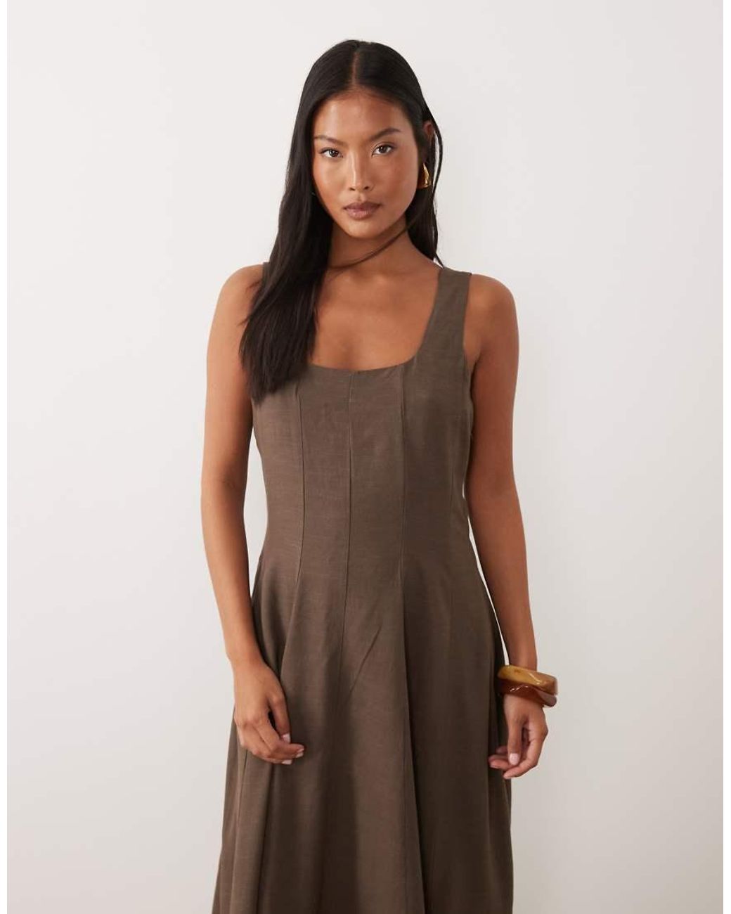 Vila Brown Square Neck Linen-Touch Midi Dress