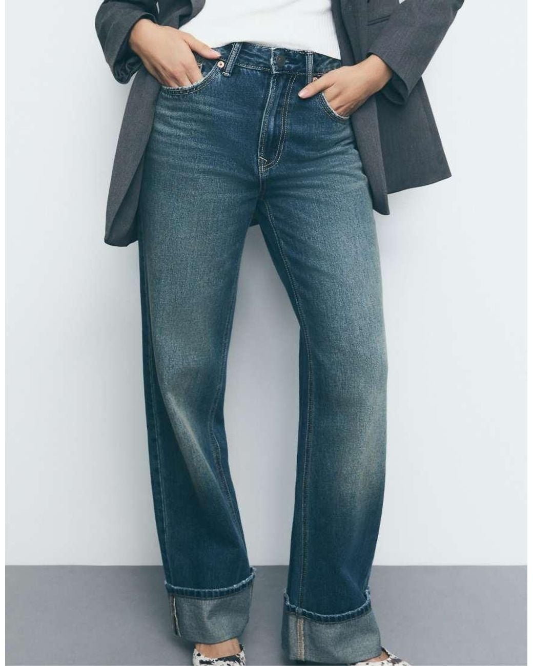 Stradivarius Blue D92 Straight Wide-leg Jeans