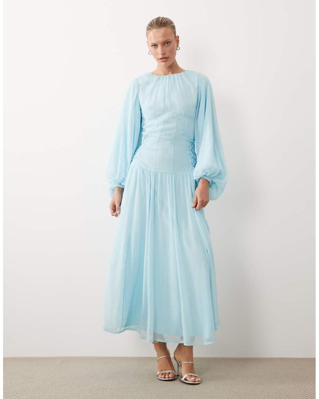 ASOS Blue Long Sleeve Chiffon Tie Detail Maxi Dress