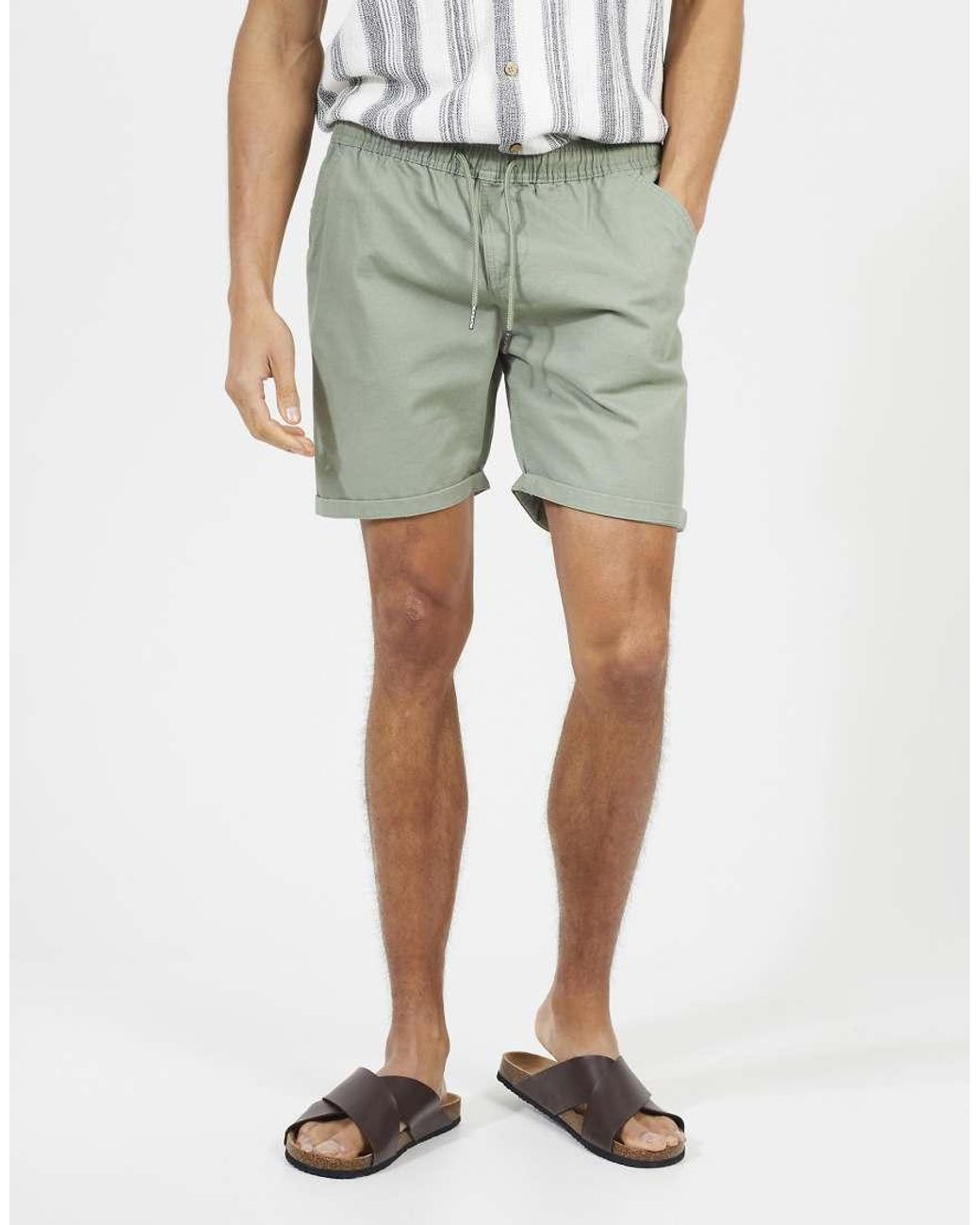 Brave Soul Green Cotton Chino Shorts With Turn Up Hem for men
